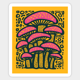 Psychedelic Mushroom Forest - Trippy Fungi Linocut Magnet